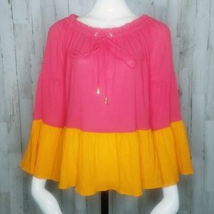 Donna Karan | Vibrant Boho Peasant Bell Sleeve Top